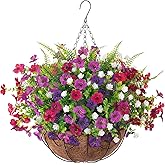 Ammyoo Artificial Fake Flowers Basket for Spring Outdoor Decor, Faux Mums Floral Hanging Plant for Summer Outside Decor, Silk Daisy with Eucalyptus Leaves for Home Patio Garden