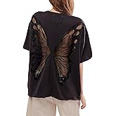 Womens Butterfly Oversized Tee Shirt Short Sleeve Open Back Summer Casual Sheer Top Trendy Vintage T Shirt