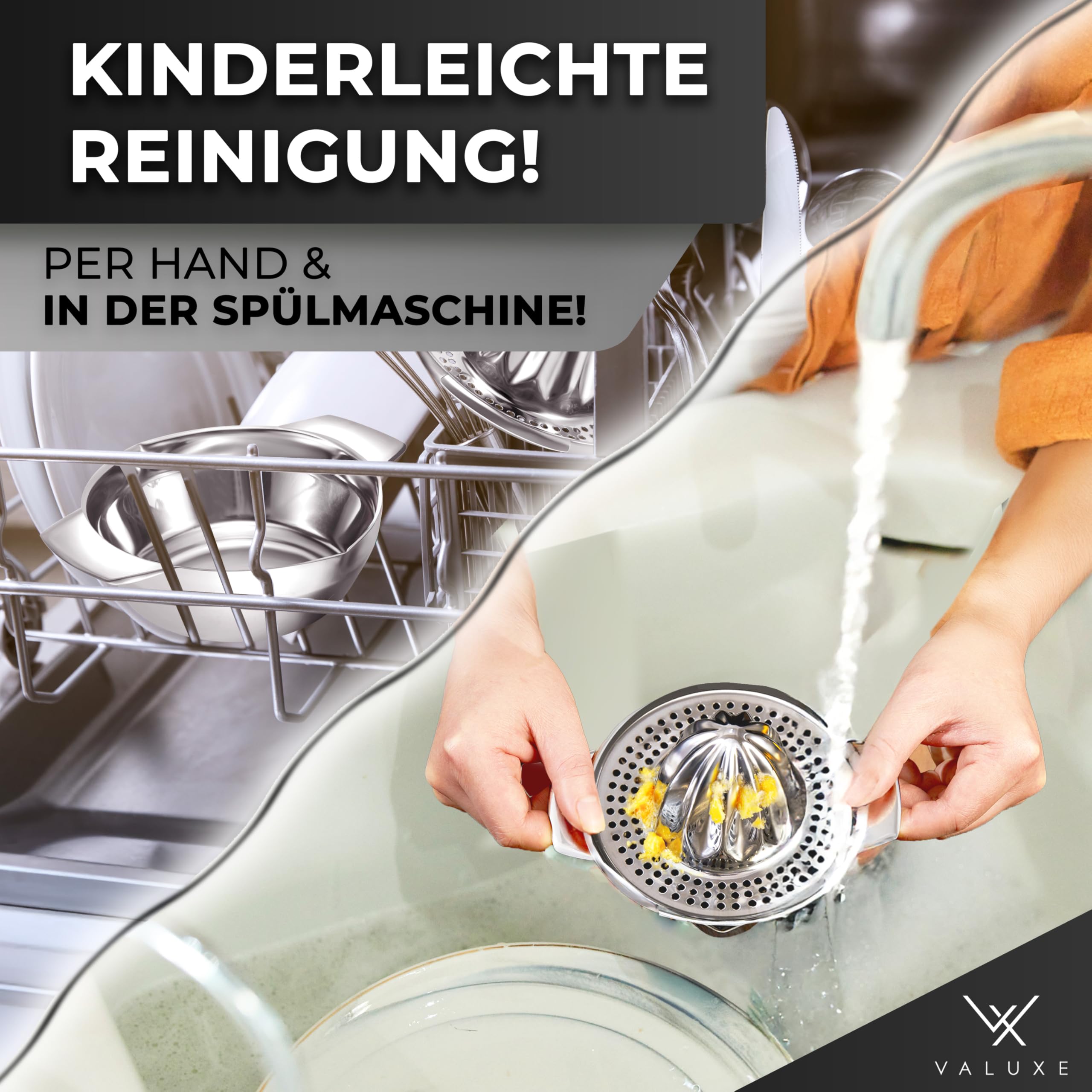 VALUXE® Premium Zitronenpresse Edelstahl - Zitruspresse für Zitronen, Limetten & Orangen mit 350ml Behälter - Manuelle Limetten-Presse, Lemon Squeezer spülmaschinengeeignet 7