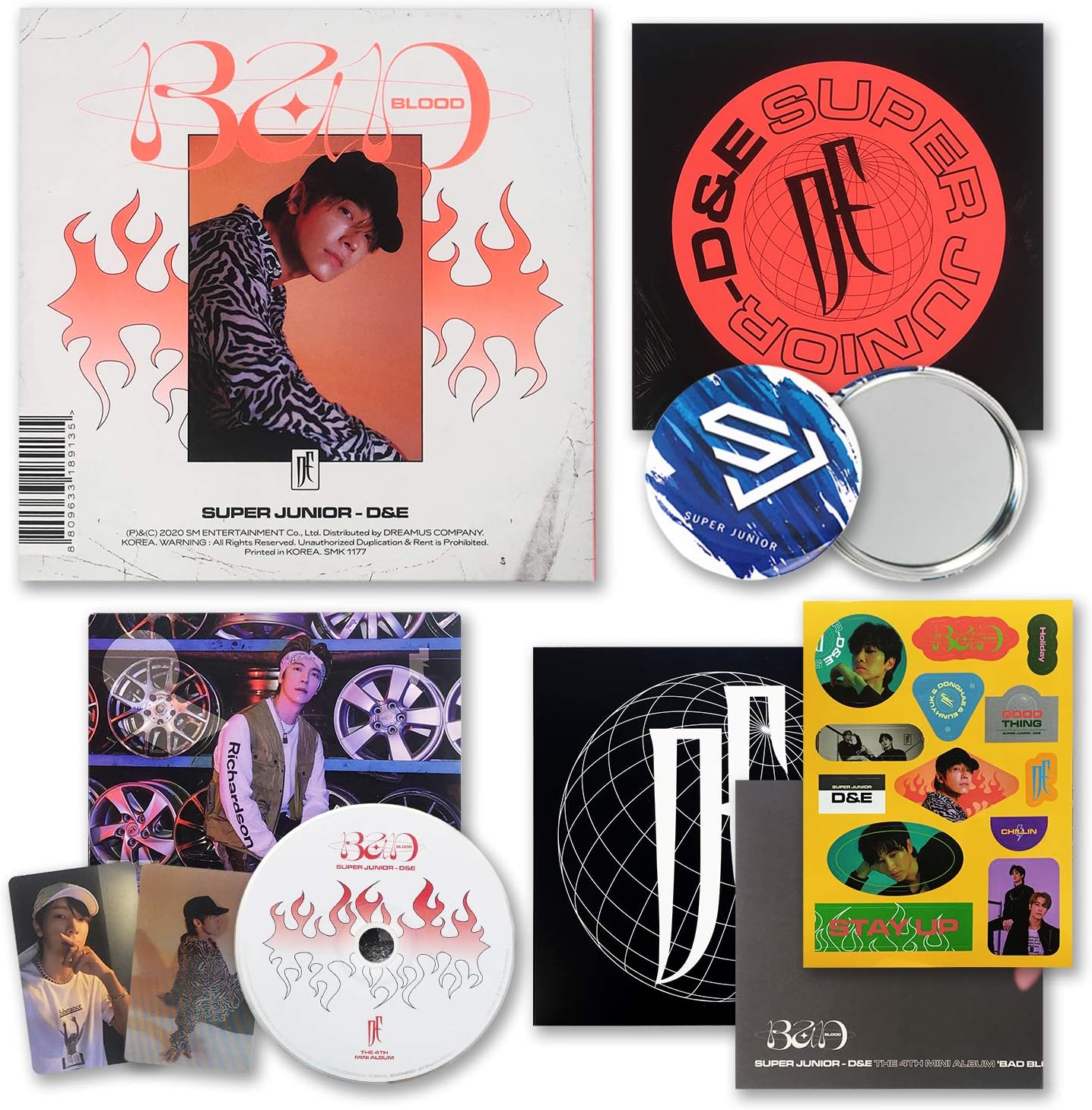 SUPER JUNIOR - D&E 4th Mini Album - BAD BLOOD [ HOT BLOOD ver. ] CD + Booklet + Photo Board + Sticker + Lenticular Card + Folded Poster(On Pack) + Photocard + FREE GIFT
