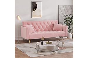 OUYESSIR Velvet Futon Sofa Bed with 2 Pillows, Convertible Futon Couch, 71 inch Sleeper Sofa for Bedroom, Small Futon Sofas (Pink)
