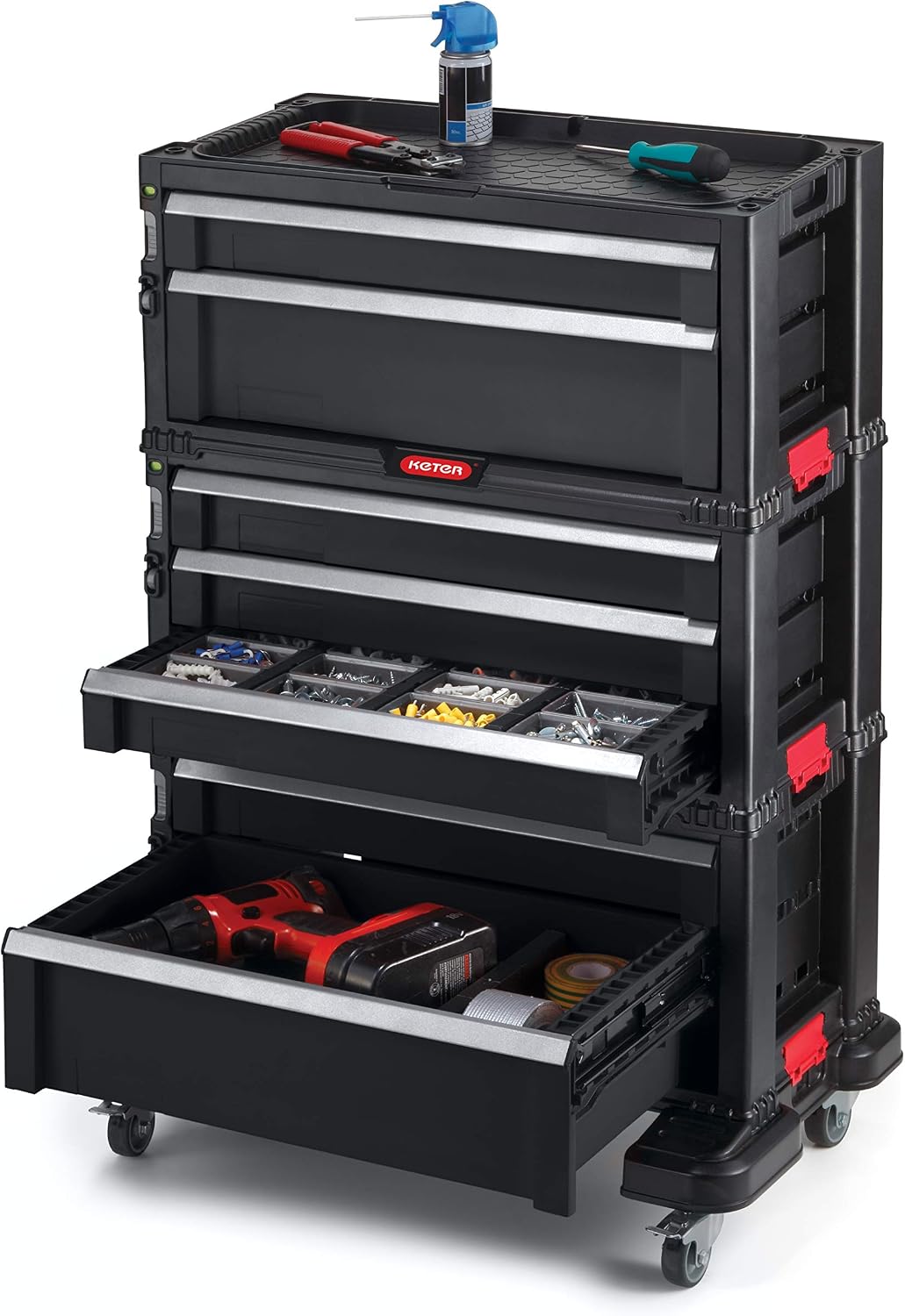 Keter 7 Drawer Trolley Module, Workshop Trolley for Small and Large Tools, Removable Swivel Wheels with Brakes - Image 3