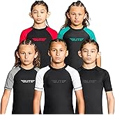 Elite Sports Kids Jiu Jitsu BJJ Rash Guard, Short Half Sleeve Compression Shirt for Youth Boys Girls Sports Nogi Training