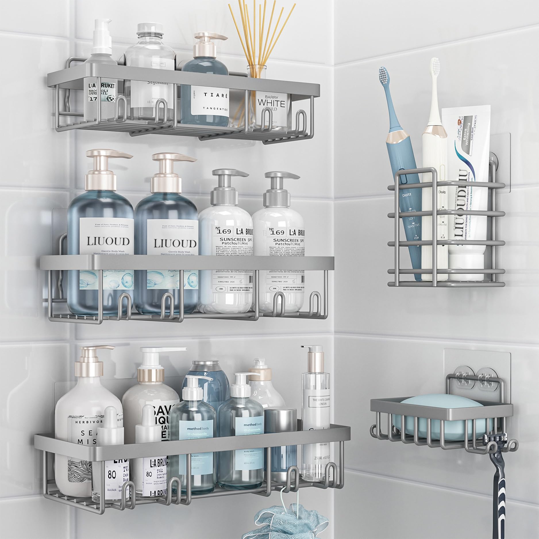 Photo 1 of Liuoud 5 Pack Shower Caddy Organizer Rack Shelf for Inside Shower, Self Adhesive Bathroom Wall Storage Basket Rustproof Stainless Steel Large Capacity Shampoo Holder, Grey