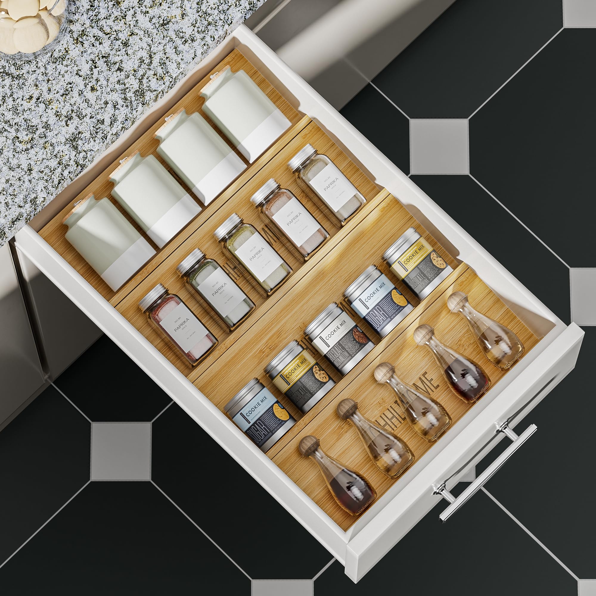 OHHLIHOME Bamboo Spice Drawer Organizer - 4 Pack 13"x4.7"x1.6" Spice Rack Tray - Spice Jars Drawers Insert - Seasoning Organizer for Drawers/Countertop (Jars not included)