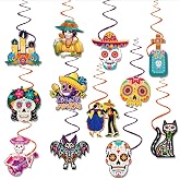 LIJUGITF Day of the Dead Decorations Dia de los Muertos Hanging Swirl Decor | 12pcs Double-Sided Sugar Skull Ceiling Streamers, Dia de los Muertos Hanging Decor for Halloween Mexican Party Supplies