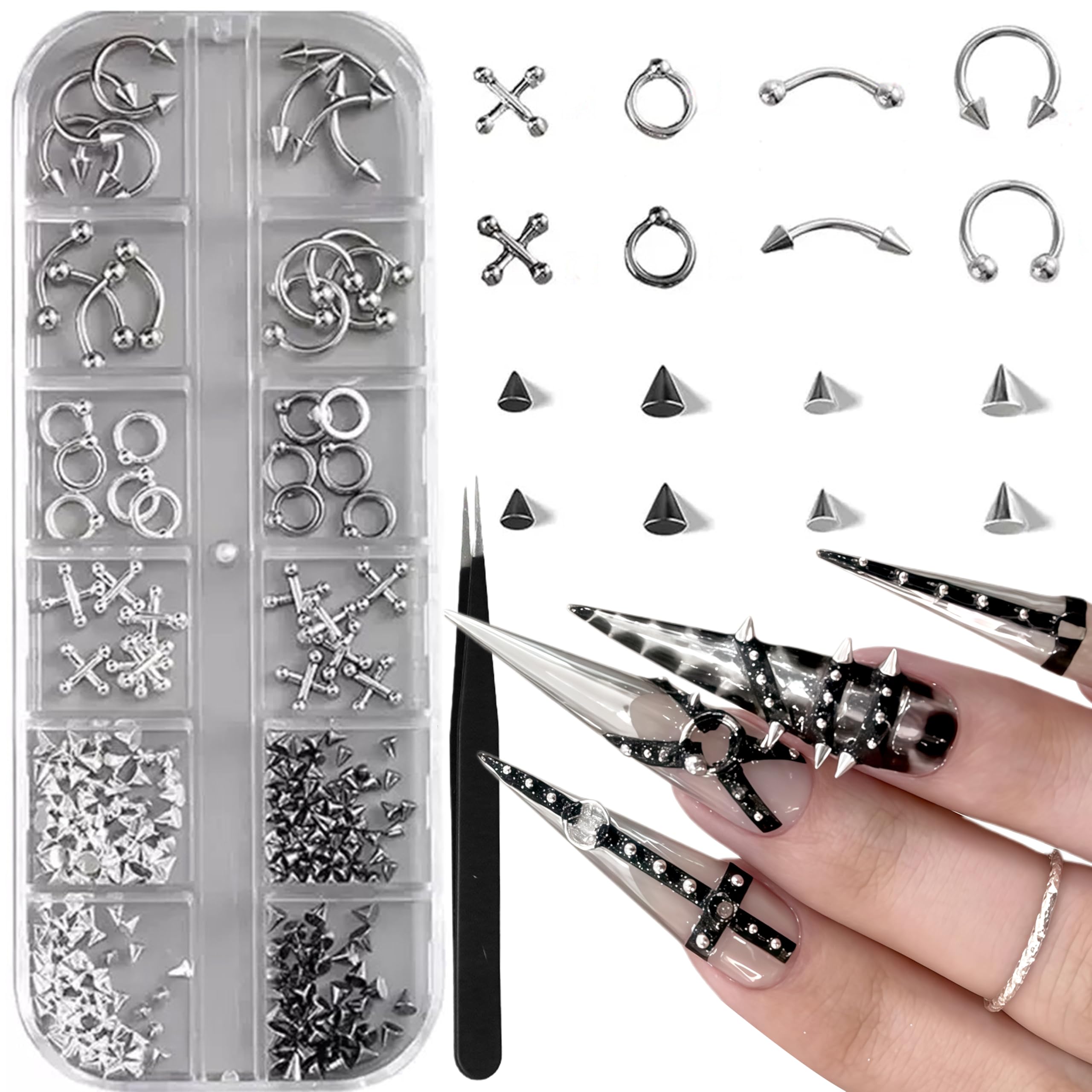 Photo 1 of 1 Box Piercing Nail Art Charms 3D Silver Alloy Goth Punk Nail Rhinestones Silver Gray Cone Spikes Metal Rings Alloy Rivets Nail Art Jewels Y2K Bullet Rivet Nail Decorations Accessories with Tweezers