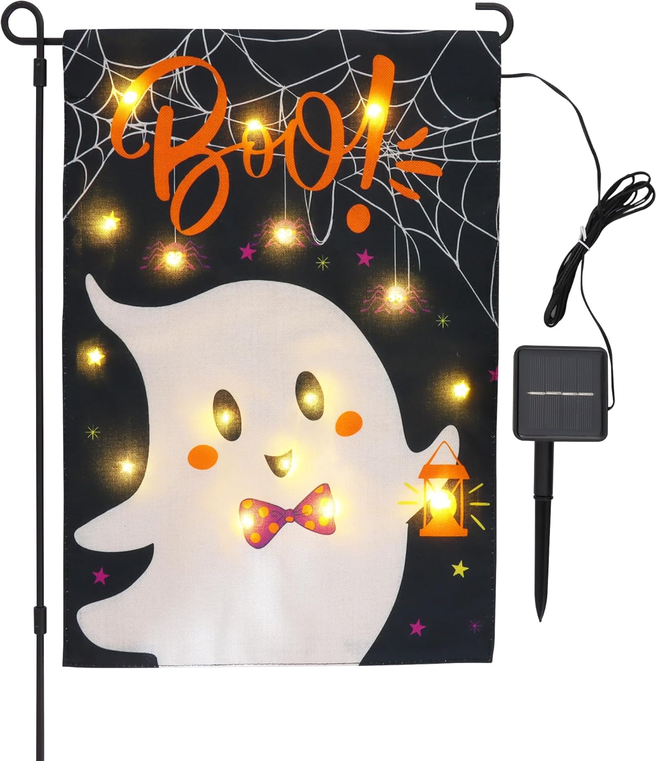 Flags - JUSHEN Halloween LED Lighted Garden Flag, Double Sided Funny Ghost Garden Flag, Solar Boo Garden Flag, Vertical Halloween Decorative Flag for Outdoor Yard Garden Holiday Decoration(12x18 Inch)