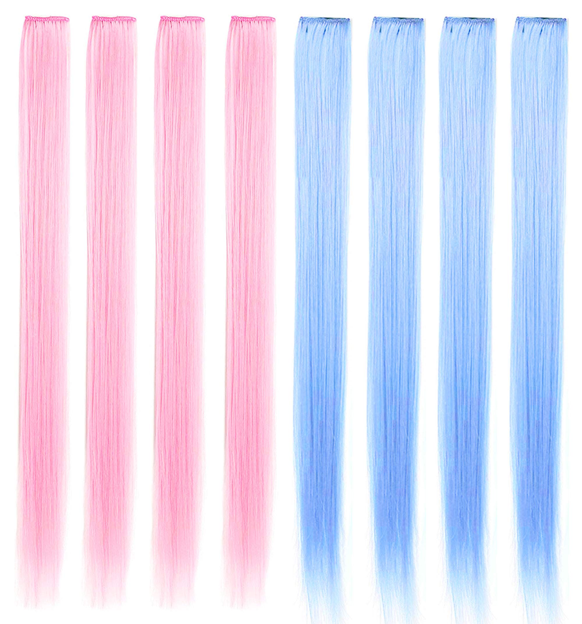 8PCS 21''Colored Hair Accessories Wig Pieces Clip in Colored Hair Extensions for Girls Party Highlights Synthetic Long Straight Colorful Hairpieces for Dolls Kids Women(Light Pink&Light Blue)