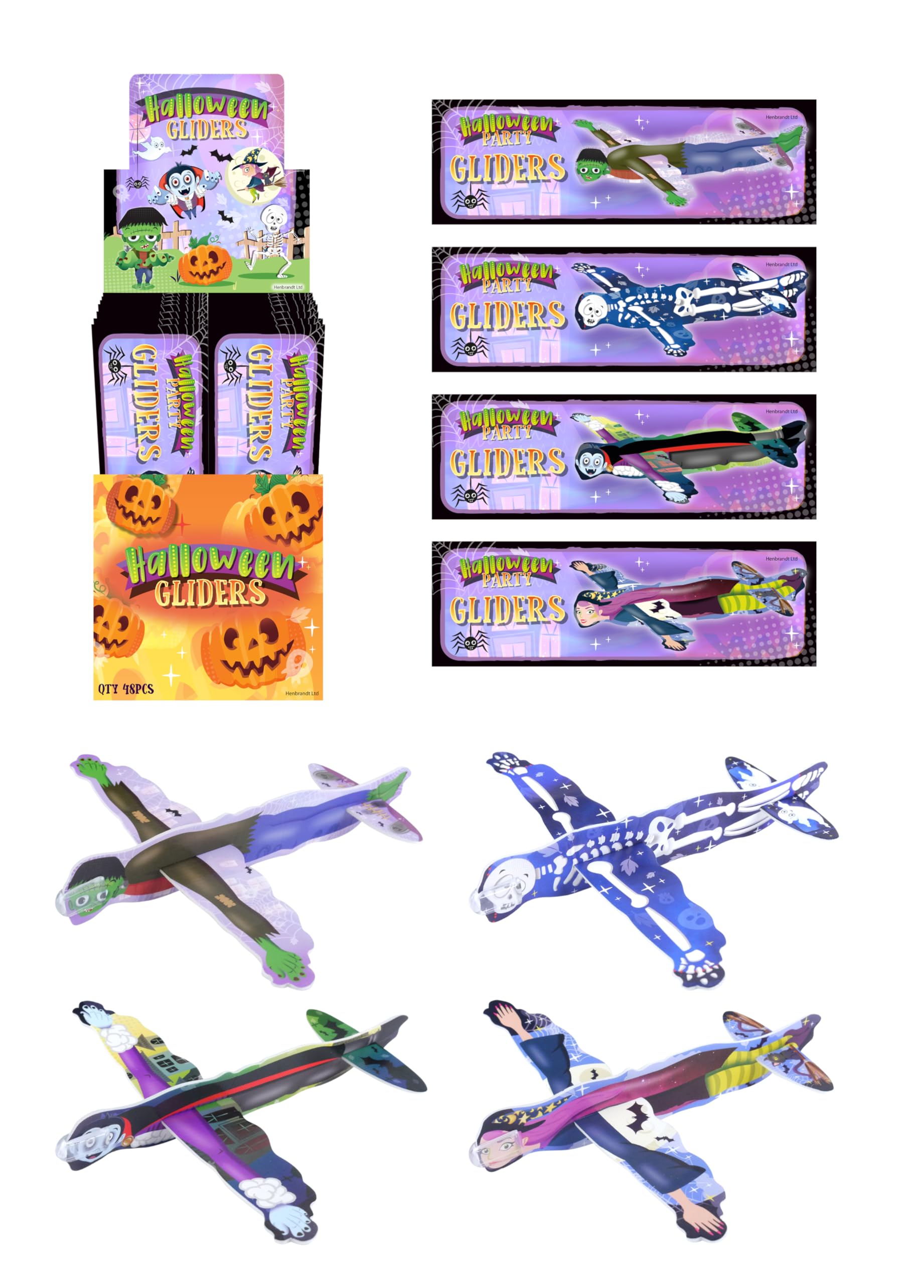 HENBRANDT Pack of 48 Halloween Gliders – Kids Polystyrene Flying Gliders Trick or Treat Party Favours Fillers Toy Loot Bag Fillers Scary Halloween Poly Gliders for Girls and Boys, V01 880