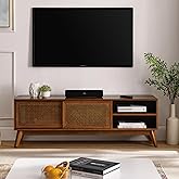 LKTART Mid Century Modern Rattan TV Stand for 65 Inch TV,59" Boho Media Console with Sliding Doors & Open Shelves,Solid Wood Legs for Living Room,Light Walnut