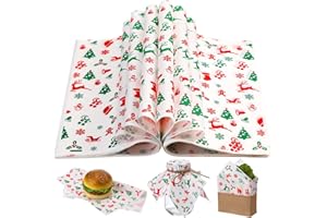 Marspark 100 Sheets Christmas Wax Paper for Food Wrapping 11.4 x 11 Inches Red Green Christmas Tree Elk Snowflake Food Basket Wax Paper for Sandwich Burgers Greaseproof Wrapping for Candy Cookies