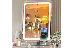 Hasipu Vanity Mirror with Lights, 16"×12" LED Makeup Mirror, Lighted Makeup Mirror with Lights, Smart Touch Control Dimmable 3 Modes Light 360°Rotation Round Black