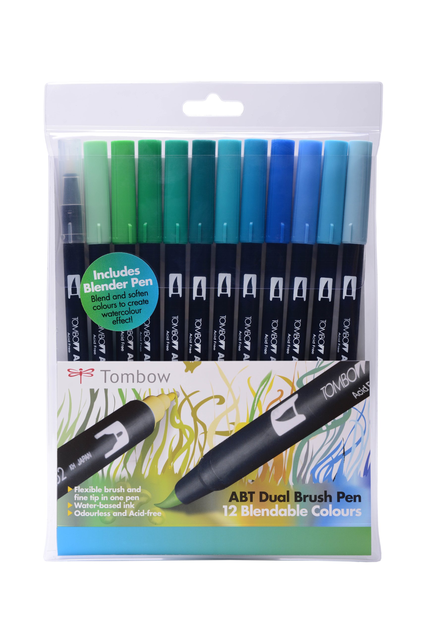Tombow ABT Dual Brush Pen includes Blender Pen - Ocean Colours (Pack of 12)
