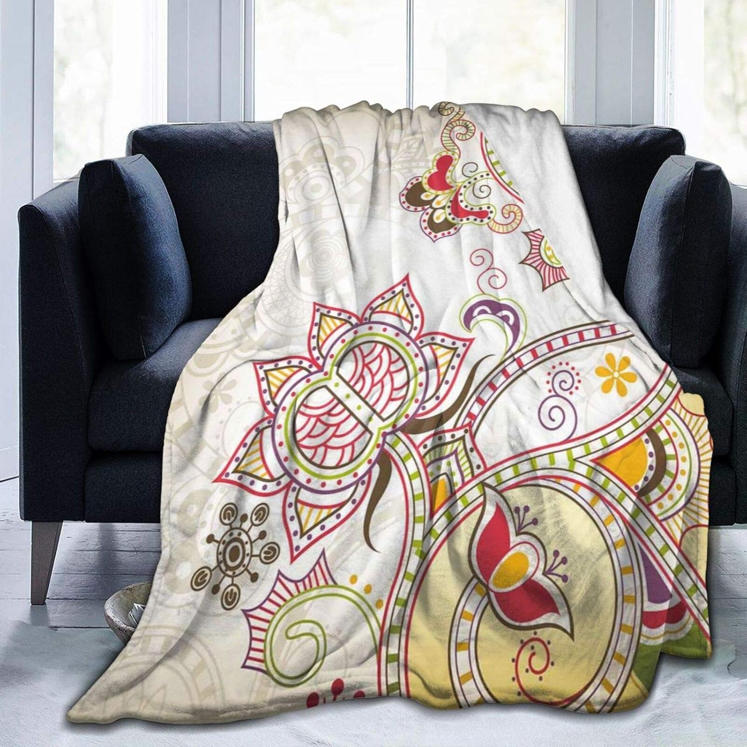 Fluffy Throw Blanket,Asian Oriental Flower Ornaments Pattern Curvy