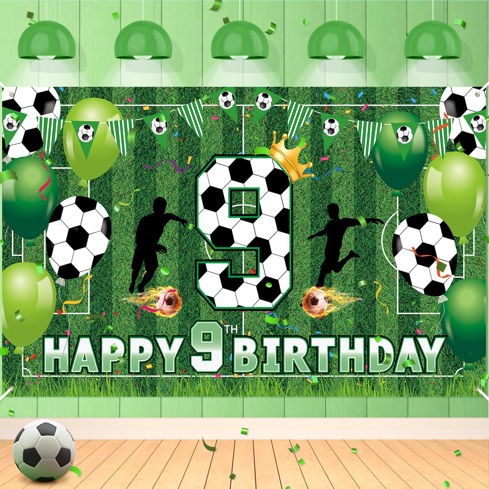 Photo 1 of Soccer Happy 9th Birthday Banner for Boys Kids Teens - Large Sport Themed Birthday Banner for Football Party Supplies