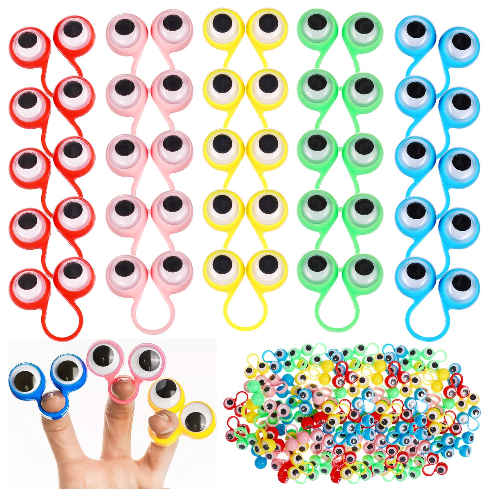 Beavorty Googly Eyes Finger Puppets Rings for Kids - 50Pcs Colorful Eye on Rings Toys for Party Favors Halloween Classroom Rewards
