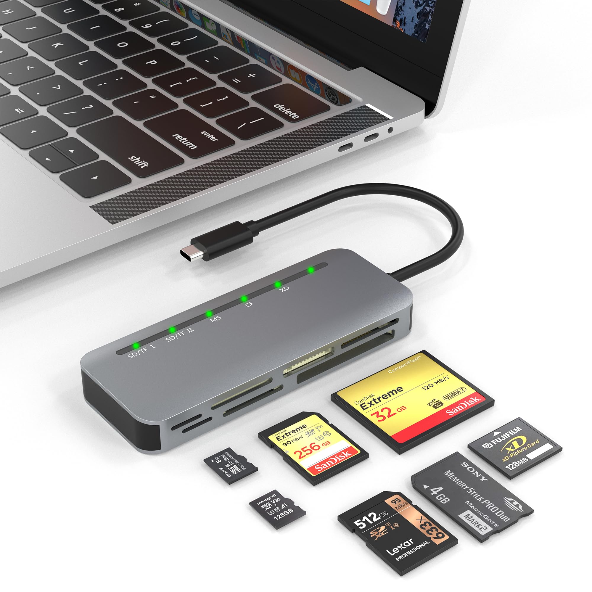 USB C Multi Card Reader 7-in-1 Aluminum SD/Micro SD/CF/MS/XD Card Reader, 5Gbps High Speed Camera Card Reader for SDXC SDHC TF CF MS MMC, Sony Memory Stick Pro Duo Adapter Read 5 Cards Simultaneously