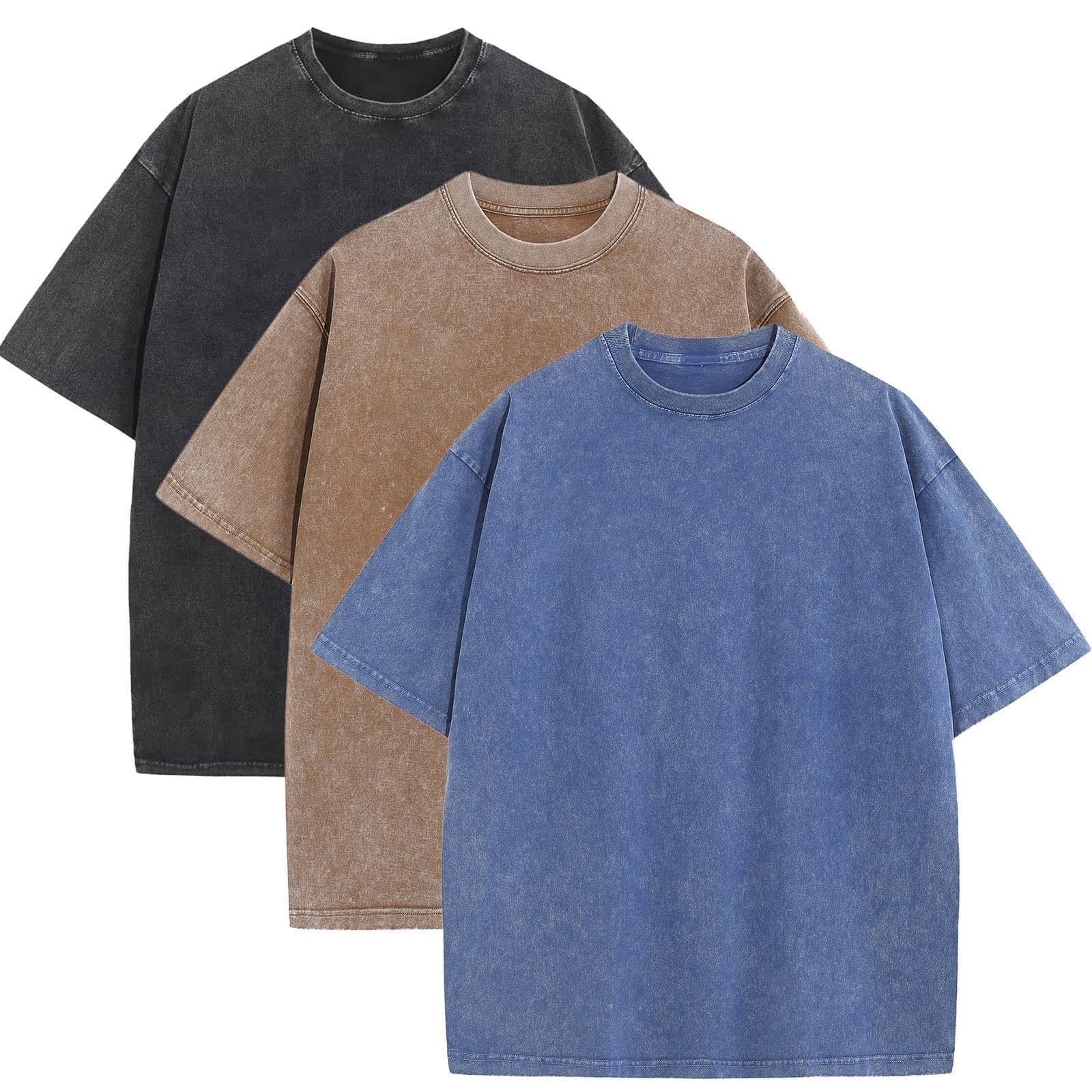 3 Pack Men's Oversized Cotton T-Shirts Loose Fit Vintage Tee Short Sleeve Casual Tshirts Solid Tops(BKCFBL,XL) Image