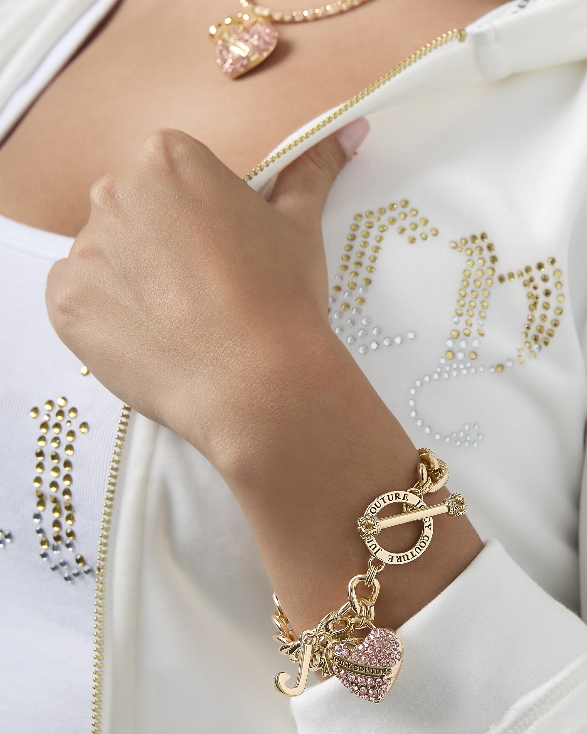 Juicy Couture Pink Stone Heart Bracelet for Women, 7.5