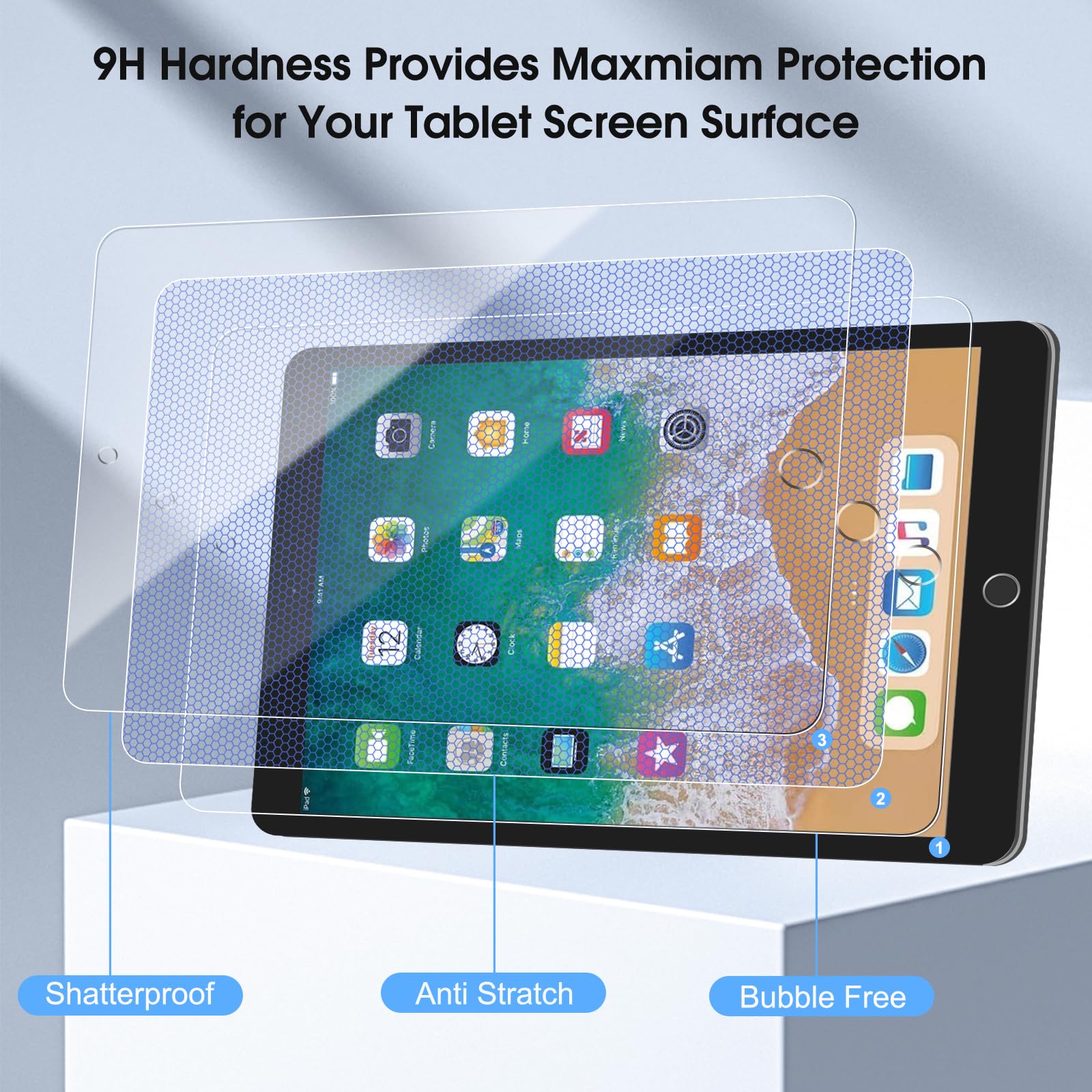 2 Pack Screen Protector for iPad 6th 5th Generation 9.7 Inch 2018/2017, Tempered Glass Compatible with iPad Air 2/Air 1/iPad Pro 9.7, Anti-Scratch 9H Hardness Apple Pencil Compatible
