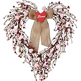 TEMPUS 18 Inch Artificial Valentine's Day Heart Wreath Pink Heart Berries Wreath for Front Door Home Wedding Party Anniversary Decoration