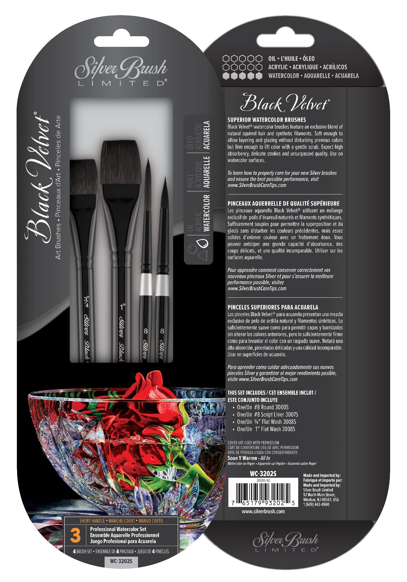 Silver Brush Limited WC-3202S Black Velvet 4pc Professional Watercolor Set, Natural Squirrel Hair and Synthetic Mix Blend Filament Short Handle Flat Wash, Script Liner and Round Watercolour Brushes