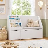 Teckid 39.4'' Kids Bookshelf with Reading Nook, Toy Storage &amp; Bench | 3 movable drawers for toys &amp; books. Cushioned bench for reading. Sturdy wood. Rounded edges. Easy to clean. White