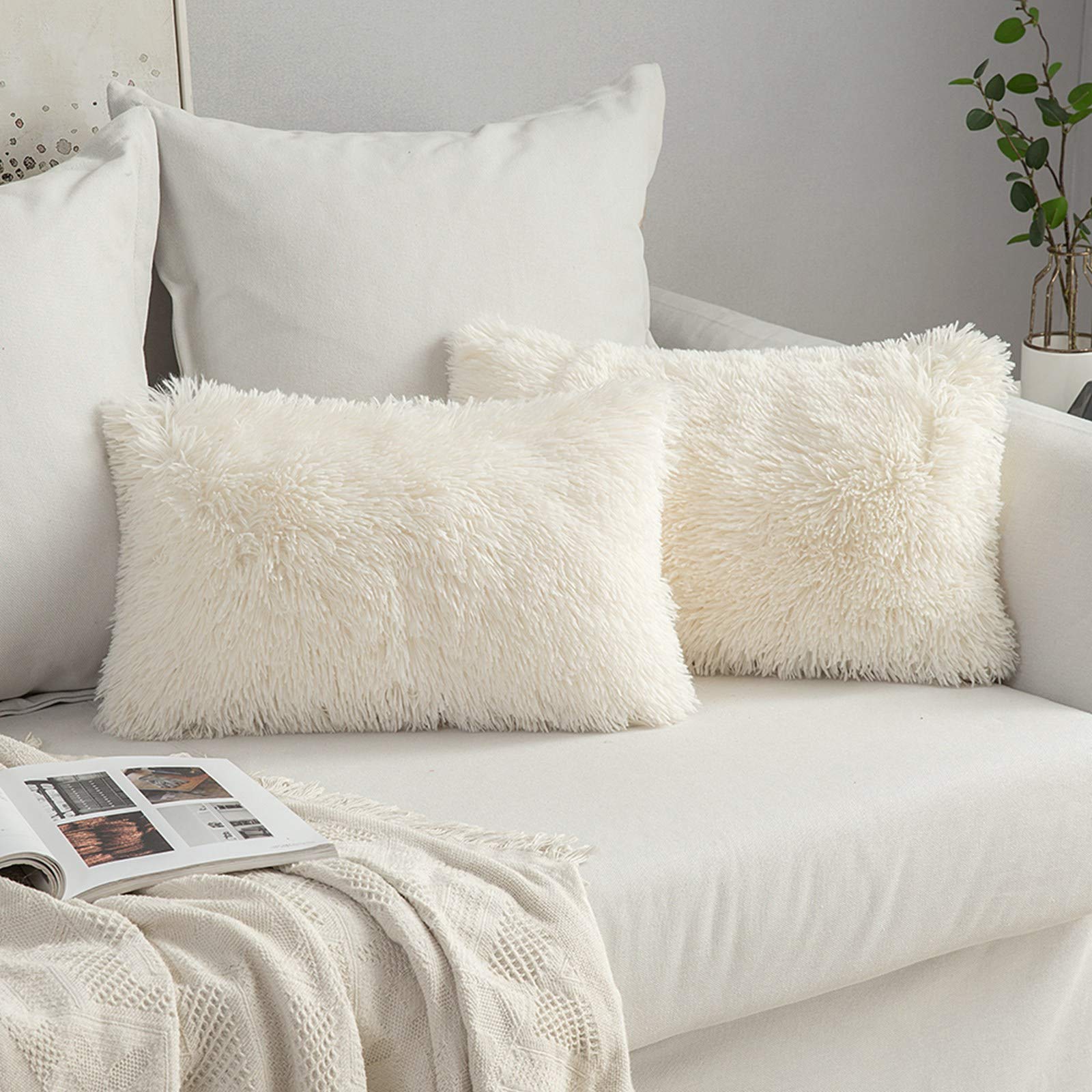 MIULEE Pack of 2 Faux Fur Throw Pillow Cover Fluffy Soft Decorative Square Pillow Covers Plush Faux Fur Cushion Covers For Livingroom Sofa Bedroom 12 x20 Inch 30 x 50cm 12"x20" Cream white