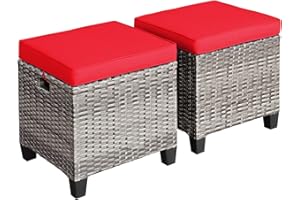 Tangkula 2 Pieces Patio Rattan Ottomans, Outdoor Wicker Footstool Footrest Seat with Soft Cushions and Steel Frame, All-Weather Patio Ottoman Set for Backyard Garden Poolside