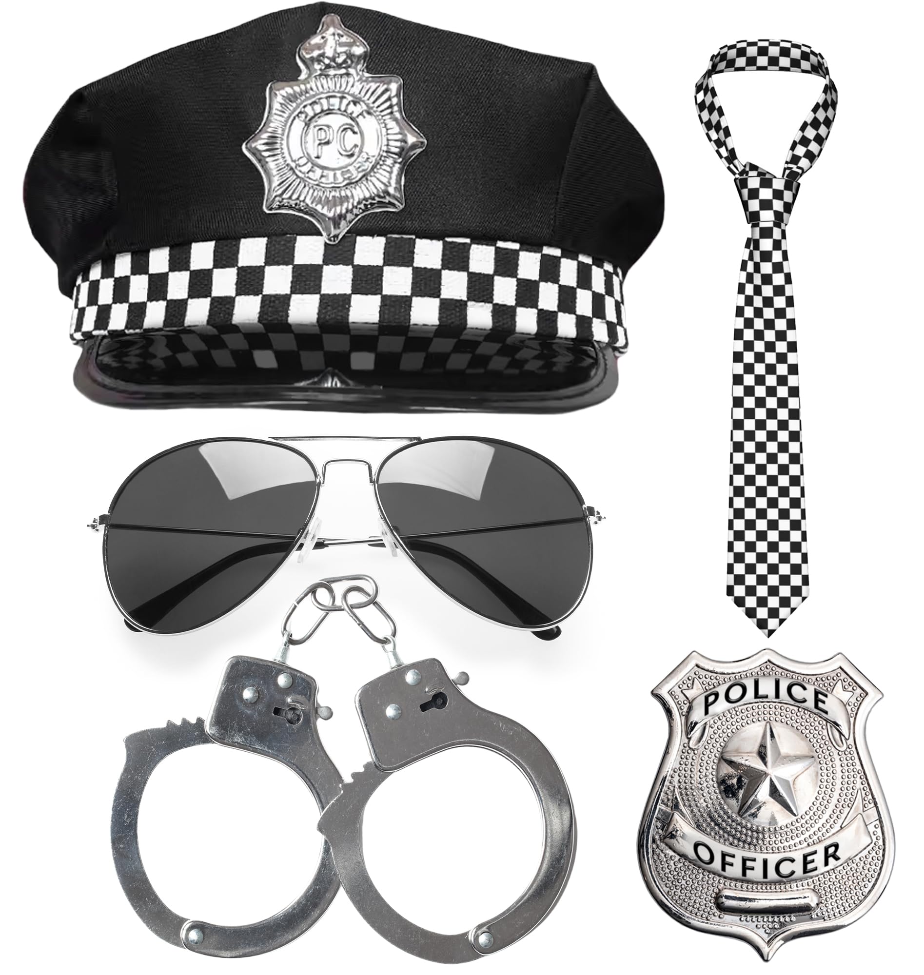 5pc Adults Police Costume Accessories Women and Men - Policeman Hat, Aviator Sunglasses, Cop Badge, Checked Fancy Dress Tie and Metal Handcuffs - Ladies Police Costume Women Fancy Dress for Adults Men
