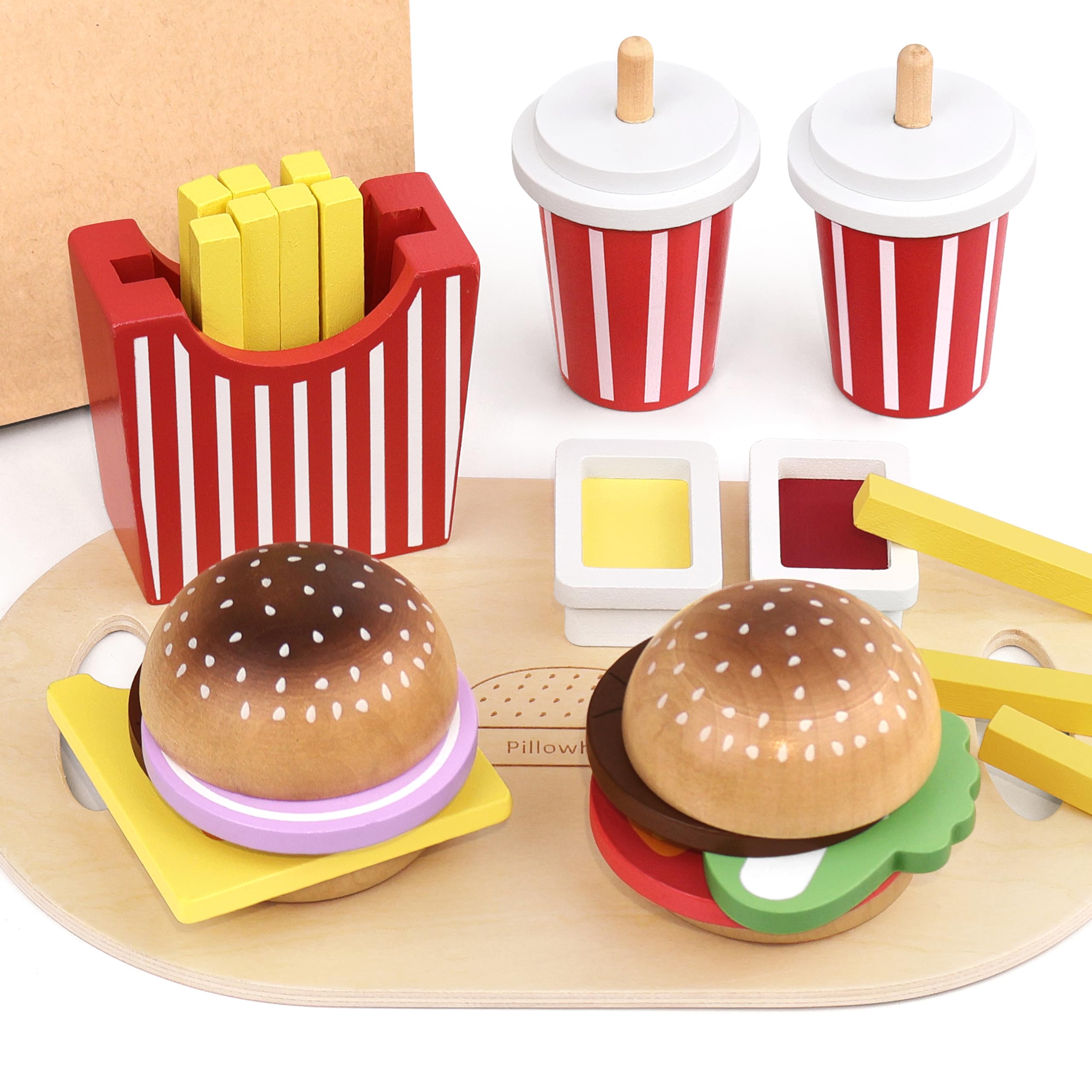 Pillowhale Wooden Play Food Toy for Kids Pretend Play Kitchen Accessories for Toddlers Wooden Play Fast Food Hamburger Set Educational Toys Gift for Boys Girls