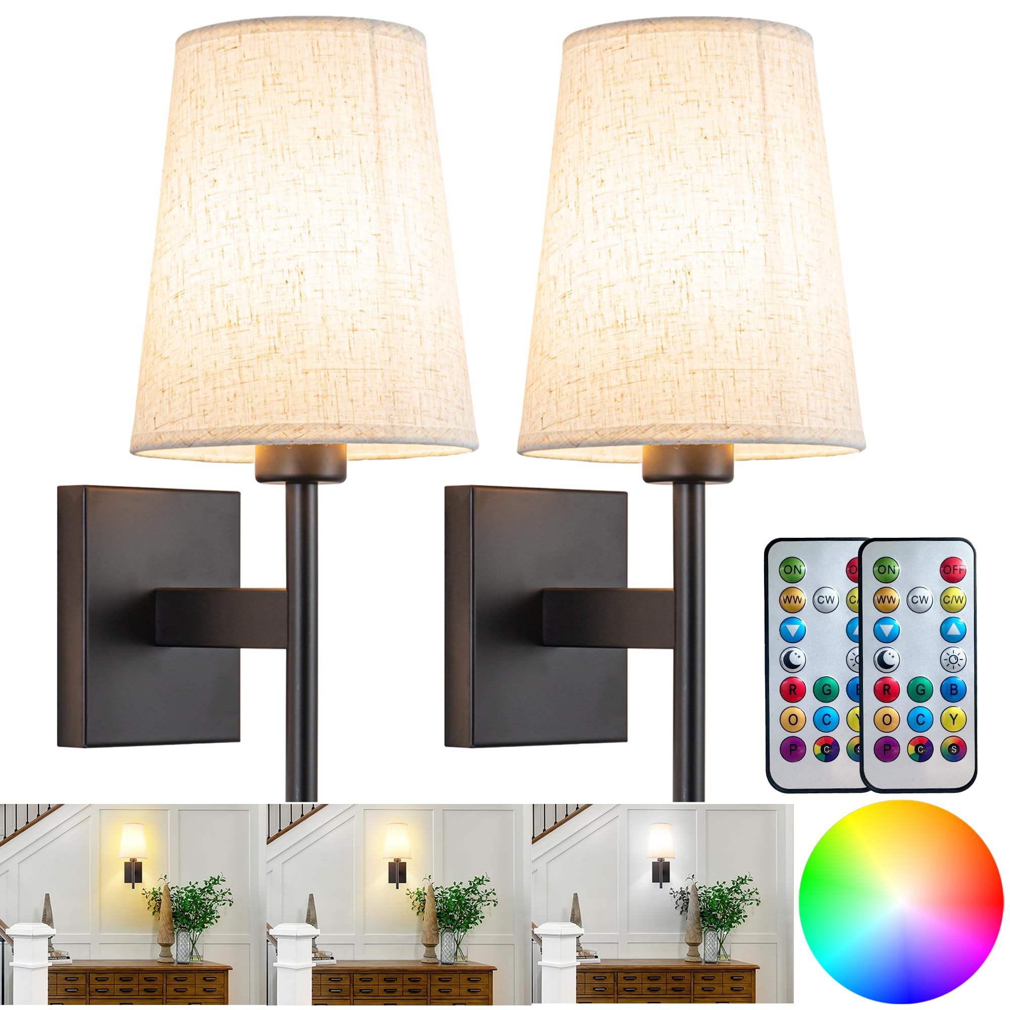 Photo 1 of YHCDLAMP Battery Operated Wall Sconces Set of Two,Battery Operated Wall Lights with Remote, Fabric RGB Color Changing Dimmable Wall Lamp for Bedroom Living Room, Easy to Install (Color : Black)