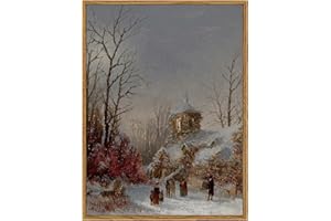 ARPEOTCY Vintage Framed Canvas Wall Art, Winter Rustic Cottage Snow Landscape Christmas Paintings, Country Landscape Pictures Decorations Indoor, Home Decor Christmas Gifts, 12x16 Inches