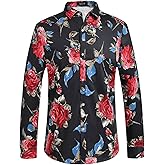 SSLR Men's Floral Cotton Button Down Long Sleeve Hawaiian Shirt