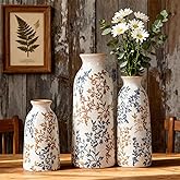 Blue & Brown Ceramic Decorative Vase Set of 3, Tuscan Rustic Pottery Vase, Farmhouse Table Pampas Grass Vases for Coffee Table Mantel Entryway Wedding Centerpiece, Vintage Floral Vases Tall 9.5in