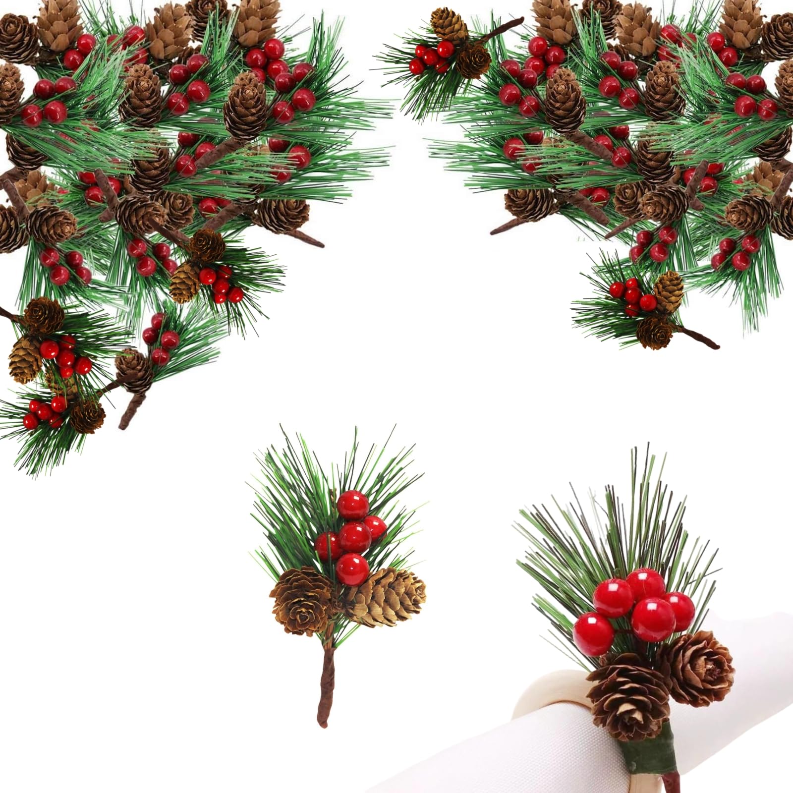 12 Pcs Artificial Pine Picks Christmas Pine Needles with Red Berries Pines Cones,Christmas Artificial Pines Cones Berry Stems Decor Bouquets for Craft,Garden,Xmas Flower Arrangements Wreaths Decor