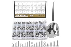 814 Pieces Phillips Pan Head Machine Screws Nuts Washers Kit, Kindroufly M3 M4 M5 M6 Screw Assortment Kit, Metric Screw Set, Bolts and Nuts, Machine Screws, 304 Stainless Steel, Fully Machine Thread