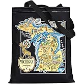 LEVLO Fun State Map Tote Bag - Michigan Travel Souvenir Gift - 1940's Michigan Cartoon Illustration Shoulder Bag