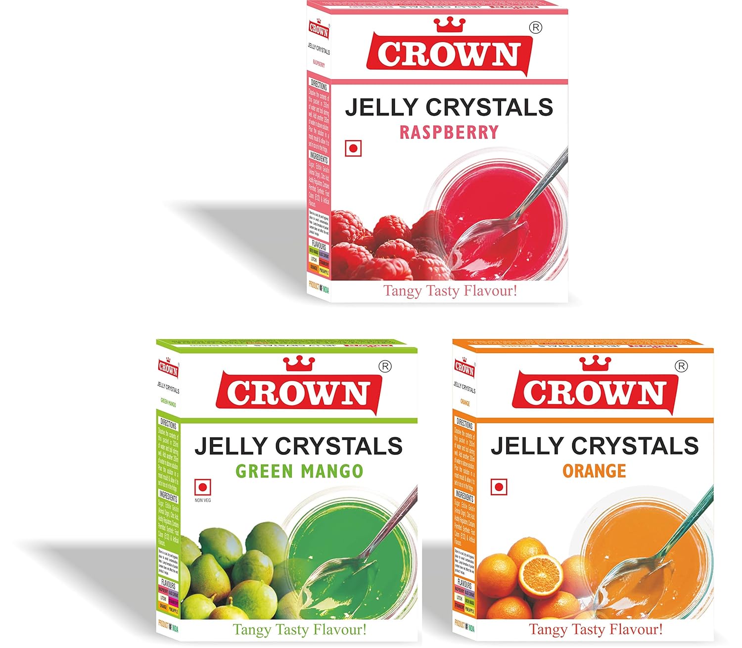 Crown Jelly Crystals 270G (GelatinBased) 90G X Pack Of 3 Flavors Raspberry, Orange, Green