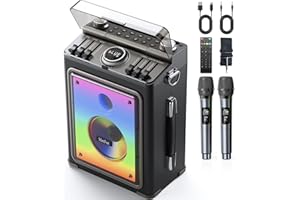 Metfut Professional Karaoke Machine for Adults with 2 Wireless Microphones and Bluetooth 5.3, Premium Wooden Speaker with Bass and Treble Control for Home Parties & Outdoor (Black)