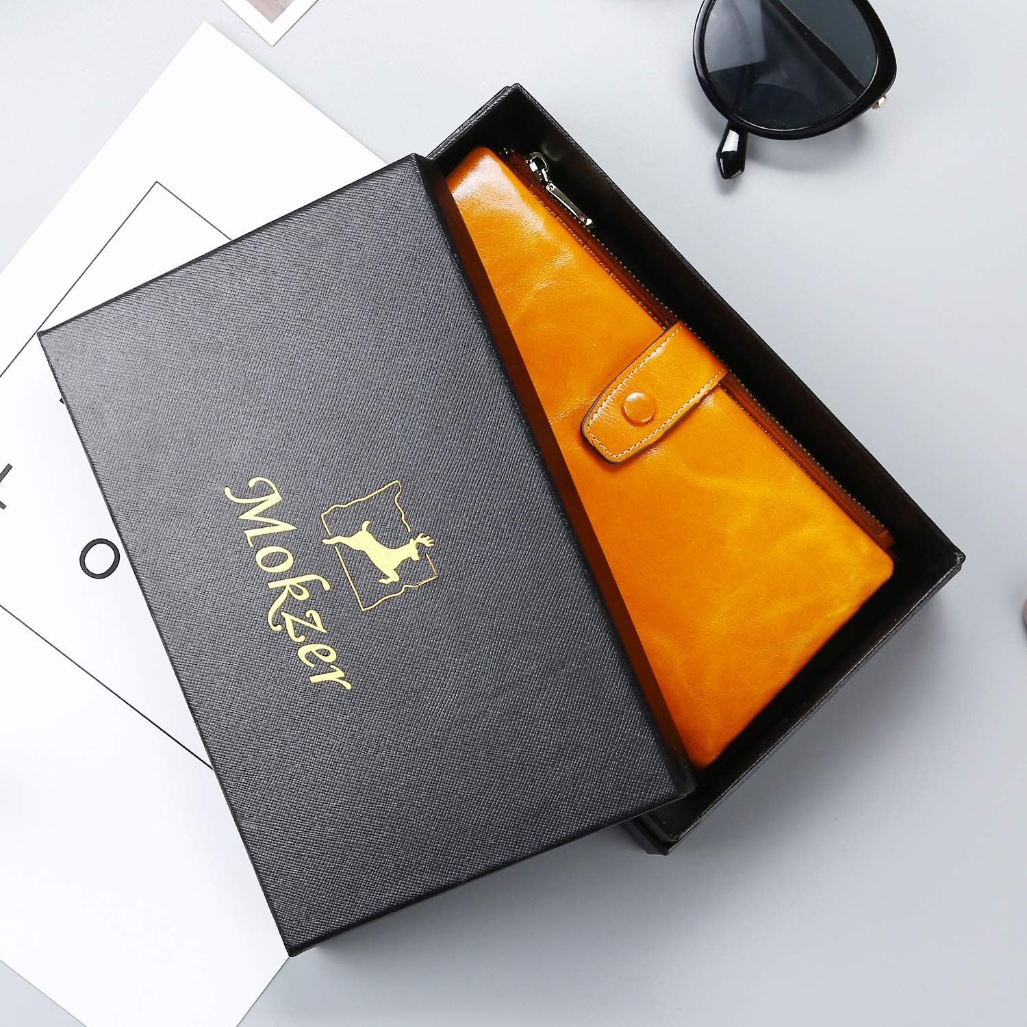 Wallets for Women RFID Bifold Blocking Womens Wallet Large Capacity Minimalist with Zipper Pocket Luxury Wax Genuine Leather Phone Passport Clutch Wallet Wristlet Ladies Purse (Bright orange)