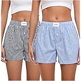 Viakeo Womens Cotton Boxer Pajama Shorts Gingham Summer Lounge Sleep Plaid Shorts Y2K Beach Bottoms with Pockets