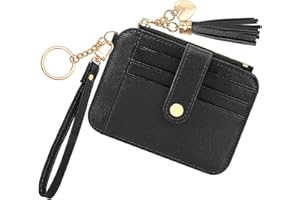 KOTORA Small Card Case Womens Wristlet Keychian Card Holder Cash Coin Purse Girls Cute Tassel Wallet Slim Front Pocket Zip Wallets (Black)