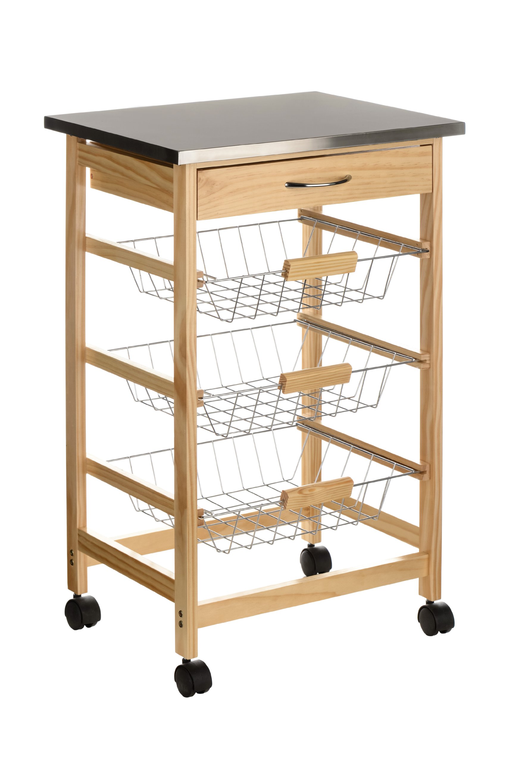 Premier Housewares Pinewood Kitchen Trolley with Stainless Steel Top, Beige, H76 x W47 x D37cm