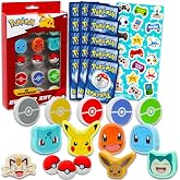 Pokemon Party Favor Set - Bundle with 15 Erasers Featuring Pokeball, Charmander, Bulbasaur, More Plus Trading Cards, Stickers | Pokemon Party Supplies Kit for Kids, Boys, Girls