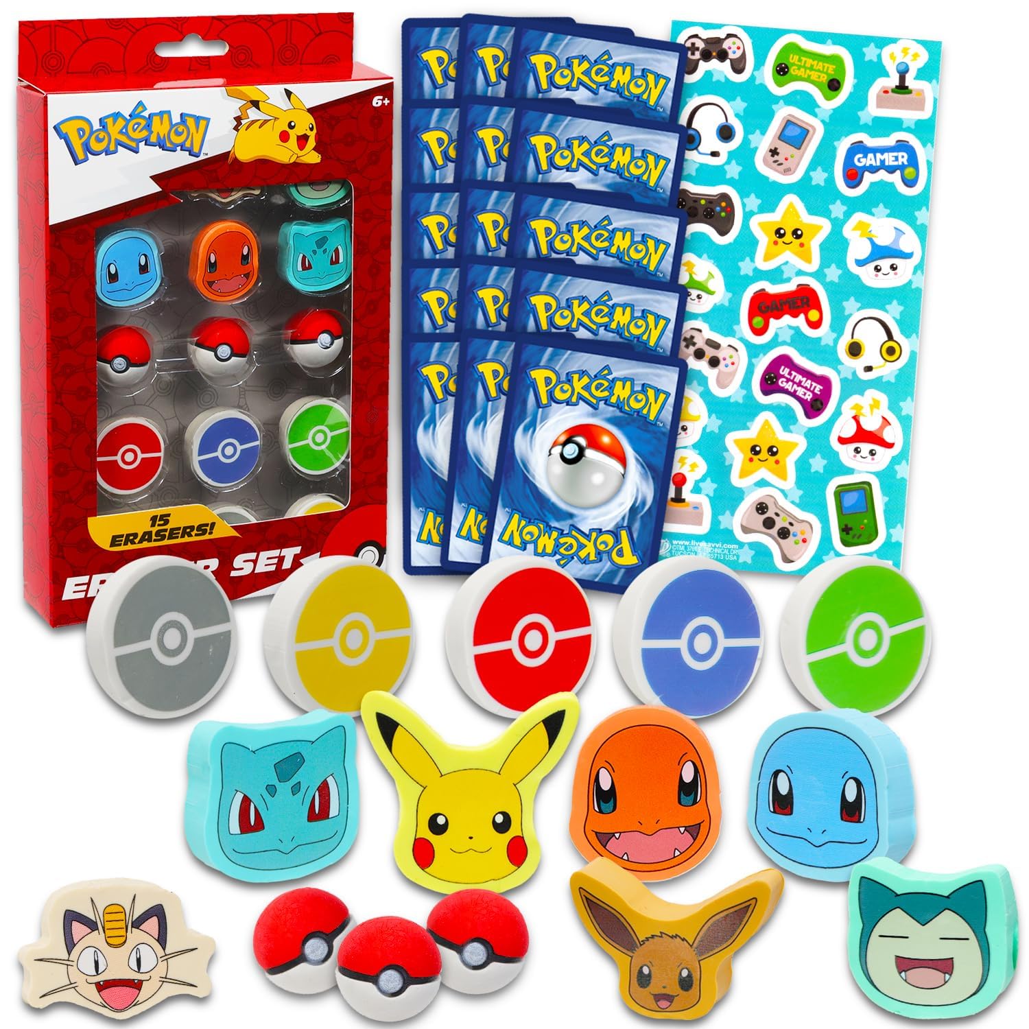 Pokemon Party Favor Set - Bundle with 15 Erasers Featuring Pokeball, Charmander, Bulbasaur, More Plus Trading Cards, Stickers | Pokemon Party Supplies Kit for Kids, Boys, Girls