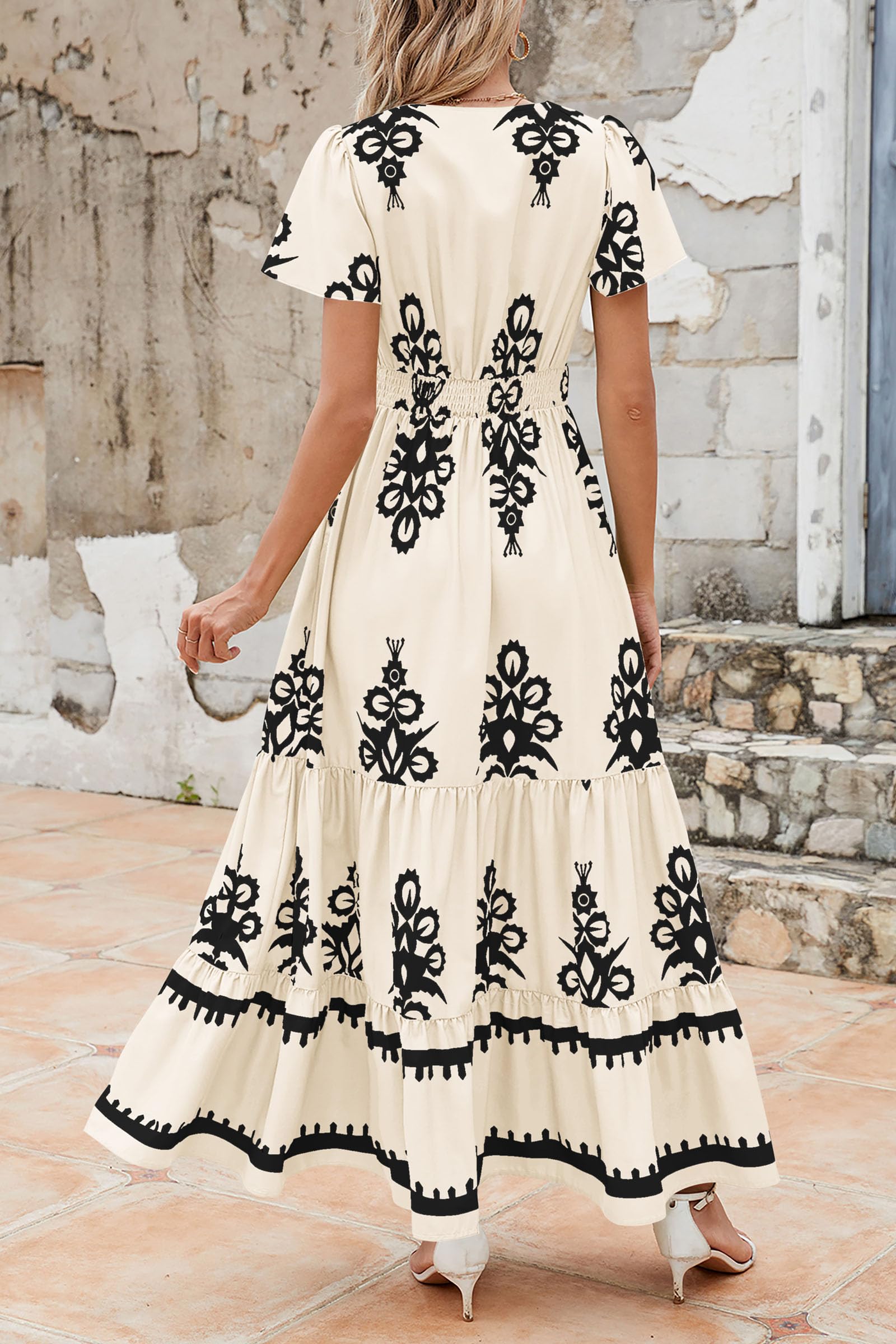 PRETTYGARDEN Womens Summer Casual V Neck Boho Maxi Dress Flowy Aline Bell Sleeve Tiered Floral Dresses with Pocket (Floral Apricot Black,X-Large) - Image 2