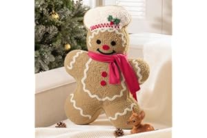 Phantoscope Gingerbread Merry Christmas Throw Pillow, Plush Teddy Xmas Gingerbread Shaped Pillows with Chef Hat & Scarf, Christmas Decorative Pillow for Couch Living Room Bed, Beige, 20 x 13.5 inches