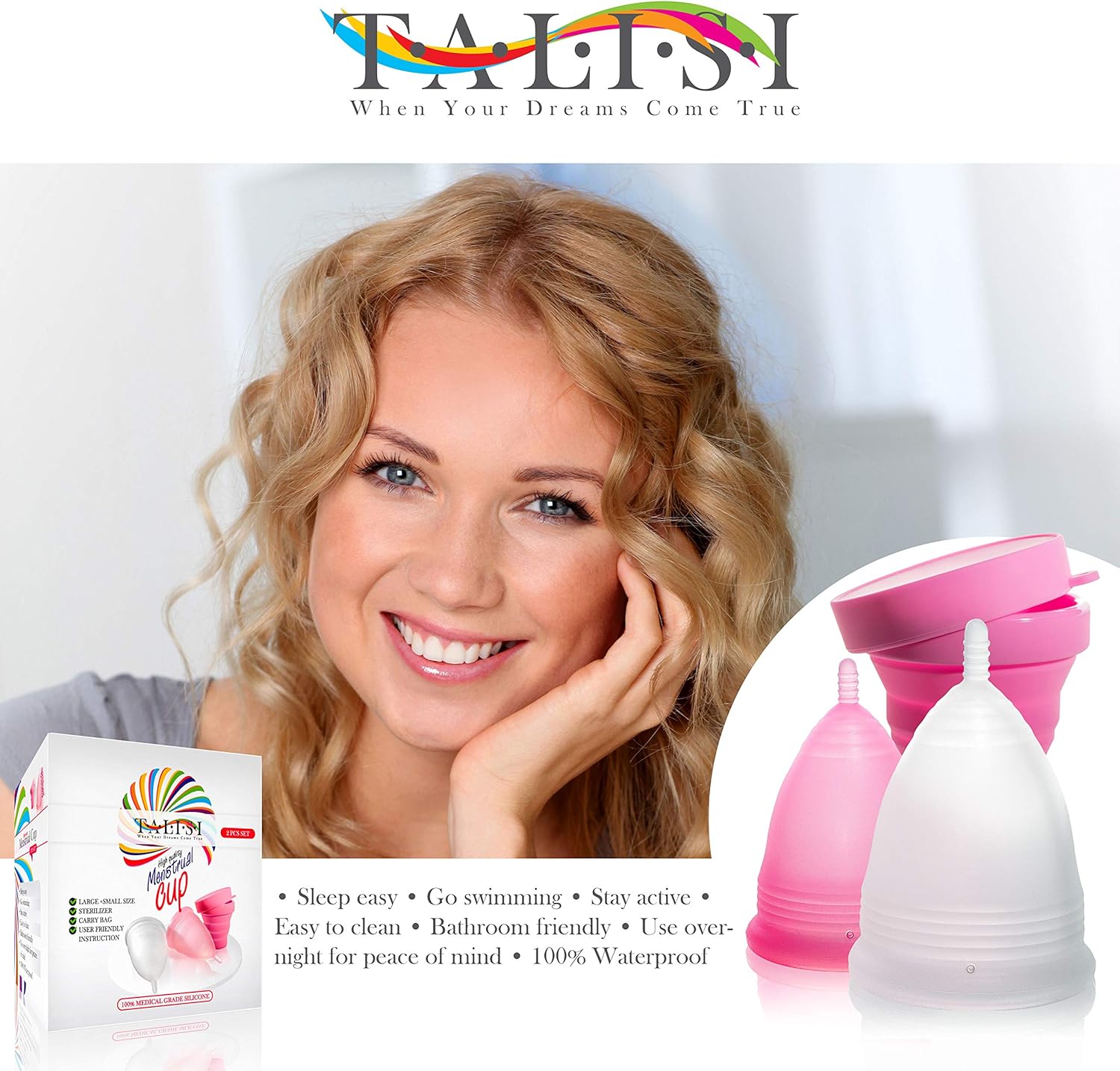 Talisi Reusable Menstrual Cups Set of 2 with Collapsible Silicone Foldable Sterilizing Cup - Tampon and Pad Alternative - Menstruation Feminine Period Cup for Regular and Heavy Flow with Sterilizer: Health & Personal Care